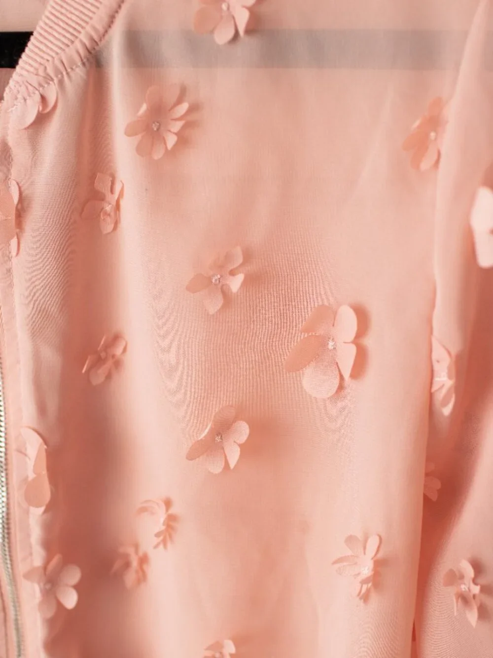 JustFab Bomber Jacket Sheer XL Adorned with 3D Floral Appliqués Mellow Rose - Picture 3 of 7